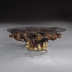 MID 20TH CENTURY BRASS MOUNTED ROOT COFFEE TABLE WITH OVAL GLASS TOP - 2830031