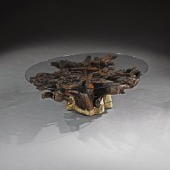 MID 20TH CENTURY BRASS MOUNTED ROOT COFFEE TABLE WITH OVAL GLASS TOP - 2830032