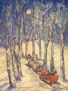 MID CENTURY ABSTRACT MOONLIT FOREST SLEIGH RIDE PAINTING - 2927925
