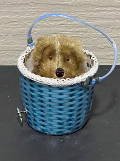 MID CENTURY ADORABLE PEEK A BOO PUPPY IN BASKET KEY WIND TOY - 3171074