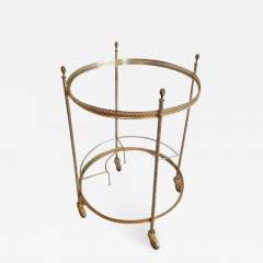 MID CENTURY BRASS ROUND ROLLING SERVING TABLE WITH ACORN FINIALS BOTTLE RACK - 798087