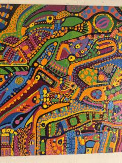MID CENTURY COLORFUL COMPLEX ABSTRACT PAINTING ON BOARD BY LOUISE ABRAMS - 4605248