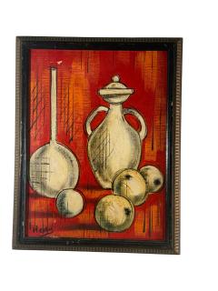 MID CENTURY CUBISTIC ORANGE STILL LIFE WITH BOTTLES FRUIT PAINTING - 4649135