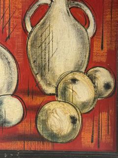 MID CENTURY CUBISTIC ORANGE STILL LIFE WITH BOTTLES FRUIT PAINTING - 4649141