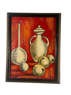 MID CENTURY CUBISTIC ORANGE STILL LIFE WITH BOTTLES FRUIT PAINTING - 4689387