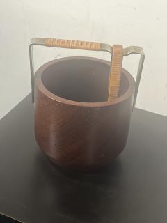 MID CENTURY DANISH DIMUNITIVE TEAK ICE BUCKET WITH RATTAN WRAPPED TONGS HANDLE - 4027446