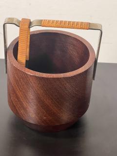 MID CENTURY DANISH DIMUNITIVE TEAK ICE BUCKET WITH RATTAN WRAPPED TONGS HANDLE - 4027447