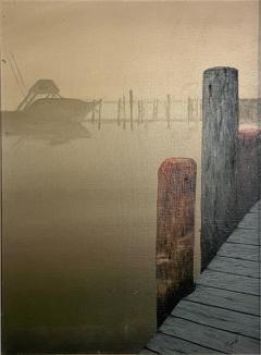 MID CENTURY FISHING BOAT WITH DOCK IN SUNRISE PAINTING SIGNED ZOPH - 4504145