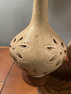 MID CENTURY FLOWER INCISED CERAMIC AND WOOD LAMPS WITH INTERNAL LIGHT - 3354551