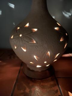 MID CENTURY FLOWER INCISED CERAMIC AND WOOD LAMPS WITH INTERNAL LIGHT - 3354557