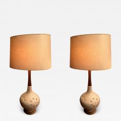 MID CENTURY FLOWER INCISED CERAMIC AND WOOD LAMPS WITH INTERNAL LIGHT - 3360468