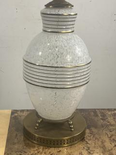 MID CENTURY FRENCH WHITE MOTTLED GLASS AND GOLD RINGED GLASS LAMPS - 4140615