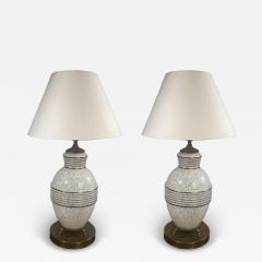 MID CENTURY FRENCH WHITE MOTTLED GLASS AND GOLD RINGED GLASS LAMPS - 4141447
