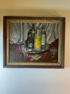 MID CENTURY LIQUOR BOTTLES ON SILVER PLATTER PAINTING - 2231418