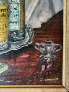 MID CENTURY LIQUOR BOTTLES ON SILVER PLATTER PAINTING - 2231420