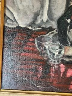 MID CENTURY LIQUOR BOTTLES ON SILVER PLATTER PAINTING - 2231422