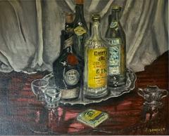 MID CENTURY LIQUOR BOTTLES ON SILVER PLATTER PAINTING - 2353640