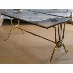 MID CENTURY LYRE DESIGN BRASS COFFEE TABLE WITH CLEAR GLASS TOP PAIR - 795898