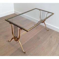 MID CENTURY LYRE DESIGN BRASS COFFEE TABLE WITH CLEAR GLASS TOP PAIR - 795904