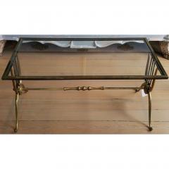 MID CENTURY LYRE DESIGN BRASS COFFEE TABLE WITH CLEAR GLASS TOP PAIR - 795905