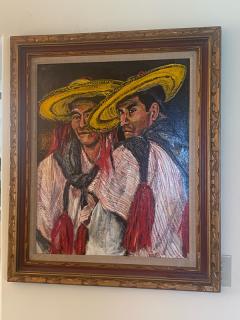 MID CENTURY MEXICAN MEN WITH SOMBREROS AND SERAPES PAINTING IN ORIGINAL FRAME - 2410112