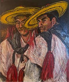 MID CENTURY MEXICAN MEN WITH SOMBREROS AND SERAPES PAINTING IN ORIGINAL FRAME - 2413647