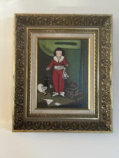 MID CENTURY MODERNIST RED BOY PAINTING WITH CATS AND BIRDS - 2992974