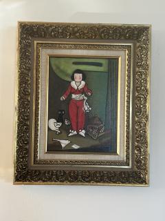 MID CENTURY MODERNIST RED BOY PAINTING WITH CATS AND BIRDS - 2992979