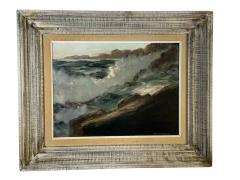 MID CENTURY OCEAN WAVES ON ROCKY COAST PAINTING IN ORIGINAL CUSTOM CERUSED FRAME - 4649211