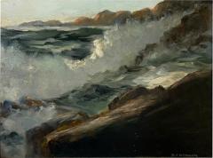 MID CENTURY OCEAN WAVES ON ROCKY COAST PAINTING IN ORIGINAL CUSTOM CERUSED FRAME - 4689654
