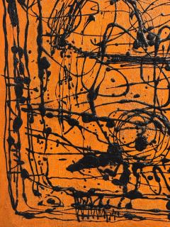 MID CENTURY ORANGE AND BLACK ABSTRACT SPLATTER PAINTING SIGNED - 4278731