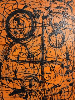 MID CENTURY ORANGE AND BLACK ABSTRACT SPLATTER PAINTING SIGNED - 4278736