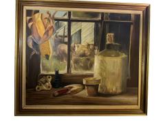 MID CENTURY PAINTING OF HORSES WINDOW MOONSHINE JUG WITH EAR OF CORN - 4649179