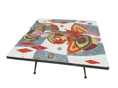 MID CENTURY RICHLY COLORED GLASS MOSAIC WOMAN PLAYING GUITAR COFFEE TABLE - 4578509