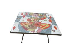 MID CENTURY RICHLY COLORED GLASS MOSAIC WOMAN PLAYING GUITAR COFFEE TABLE - 4578511