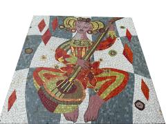 MID CENTURY RICHLY COLORED GLASS MOSAIC WOMAN PLAYING GUITAR COFFEE TABLE - 4578517