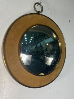MID CENTURY ROUND VELVET AND BRASS CONVEX MIRROR WITH BRASS RING - 3735175