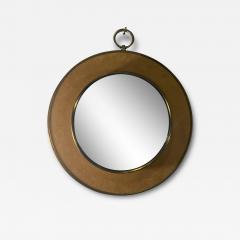 MID CENTURY ROUND VELVET AND BRASS CONVEX MIRROR WITH BRASS RING - 3740265