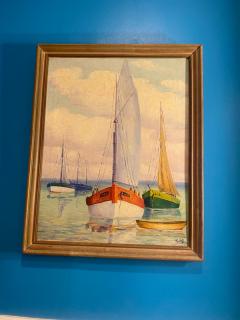 MID CENTURY SERENE SAILBOATS WITH VIOLET HUED HORIZON PAINTING SIGNED - 2324451