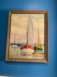 MID CENTURY SERENE SAILBOATS WITH VIOLET HUED HORIZON PAINTING SIGNED - 2324452