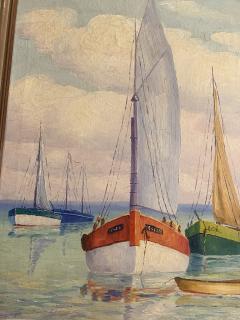 MID CENTURY SERENE SAILBOATS WITH VIOLET HUED HORIZON PAINTING SIGNED - 2324455