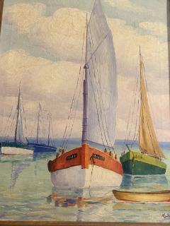 MID CENTURY SERENE SAILBOATS WITH VIOLET HUED HORIZON PAINTING SIGNED - 2324456