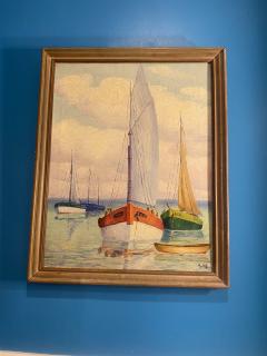MID CENTURY SERENE SAILBOATS WITH VIOLET HUED HORIZON PAINTING SIGNED - 2324457