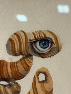MID CENTURY SURREALIST WATERCOLOR WITH DESERT SANDSTONE STRUCTURES WITH BLUE EYE - 4494798