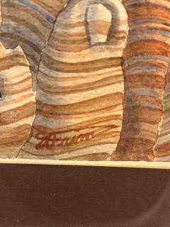 MID CENTURY SURREALIST WATERCOLOR WITH DESERT SANDSTONE STRUCTURES WITH BLUE EYE - 4494807