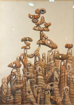 MID CENTURY SURREALIST WATERCOLOR WITH DESERT SANDSTONE STRUCTURES WITH BLUE EYE - 4495458
