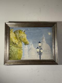 MID CENTURY THE BRONZE HORSES OF SAINT MARKS VENICE PAINTING - 4691234