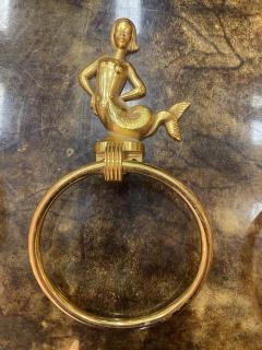 MID CENTURY TRIO OF GOLD PLATED BRASS DOLPHINS AND MERMAID TOWEL RINGS - 2540325