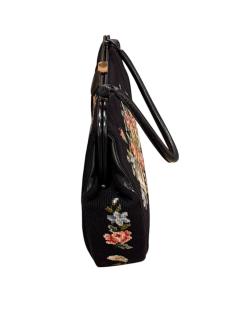 MID CENTURY VIOLIN FLOWERS NEEDLEPOINT BLACK LEATHER HANDBAG - 4557701