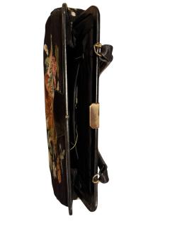 MID CENTURY VIOLIN FLOWERS NEEDLEPOINT BLACK LEATHER HANDBAG - 4557702